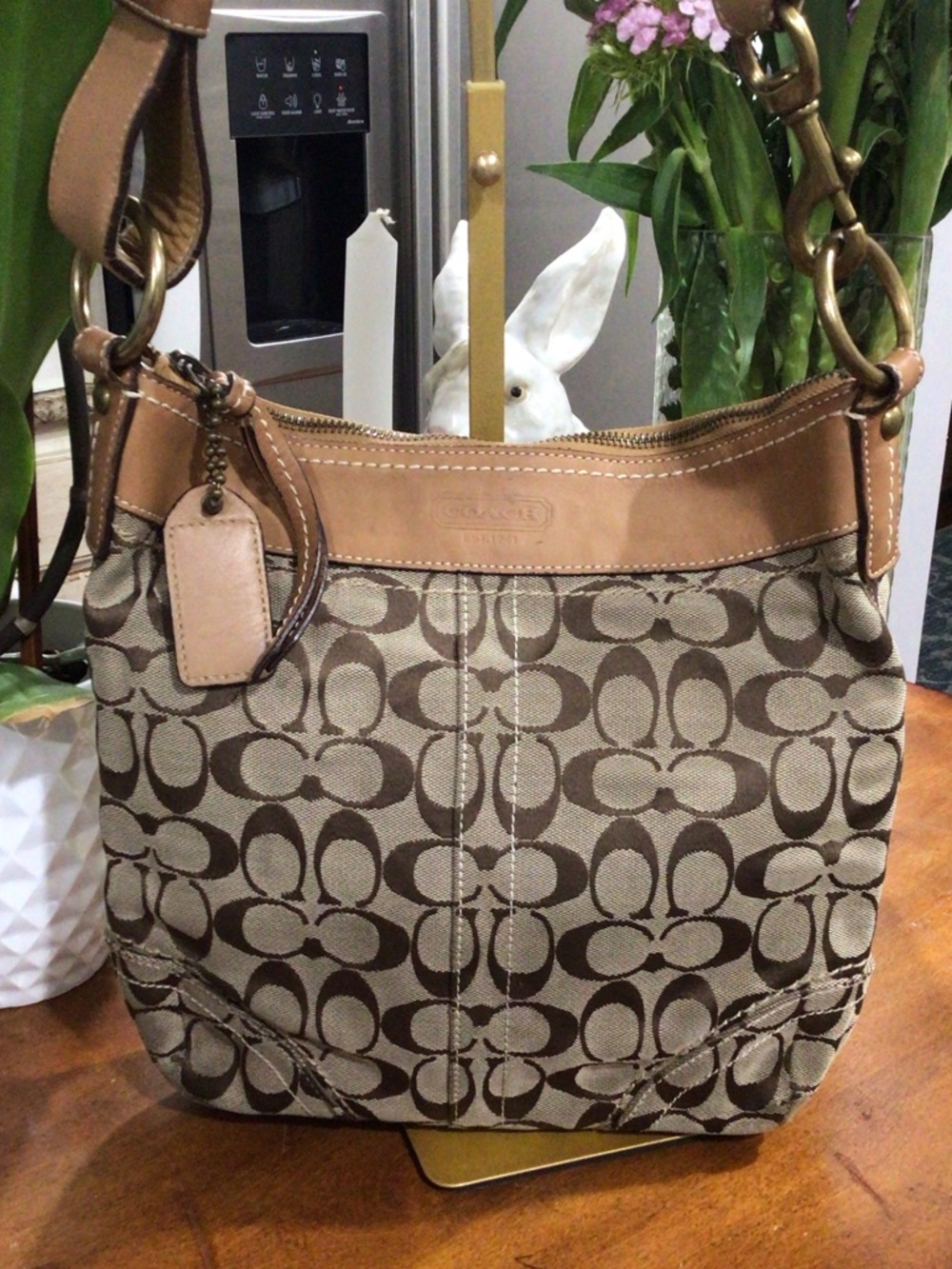 Coach Brown Signature Canvas Shoulder Bag with Tan Leather Trim